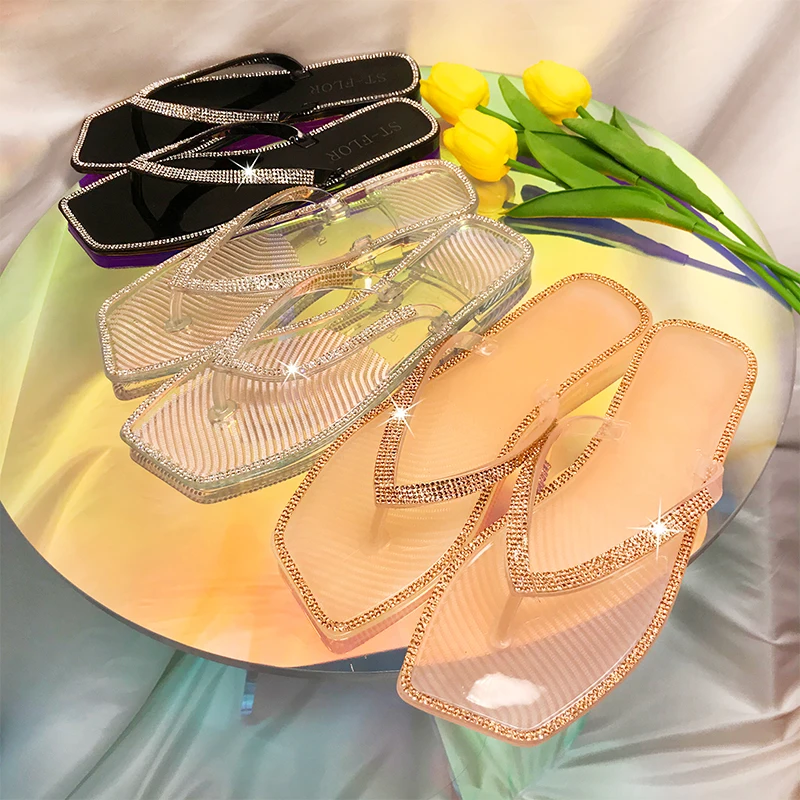 E-commerce hot sell Female summer  transparent fancy diamond Rhinestone crystal  slippers Jelly slides flip flop for women