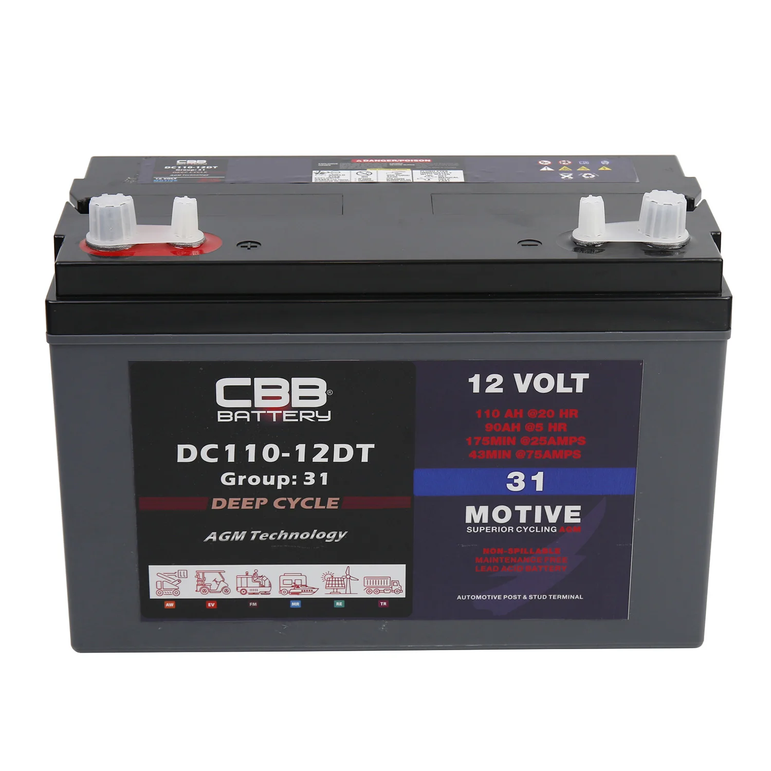 12V 110AH  Deep Cycle Storage AGM Battery 31 DC110-12DT automotive post&stud terminal