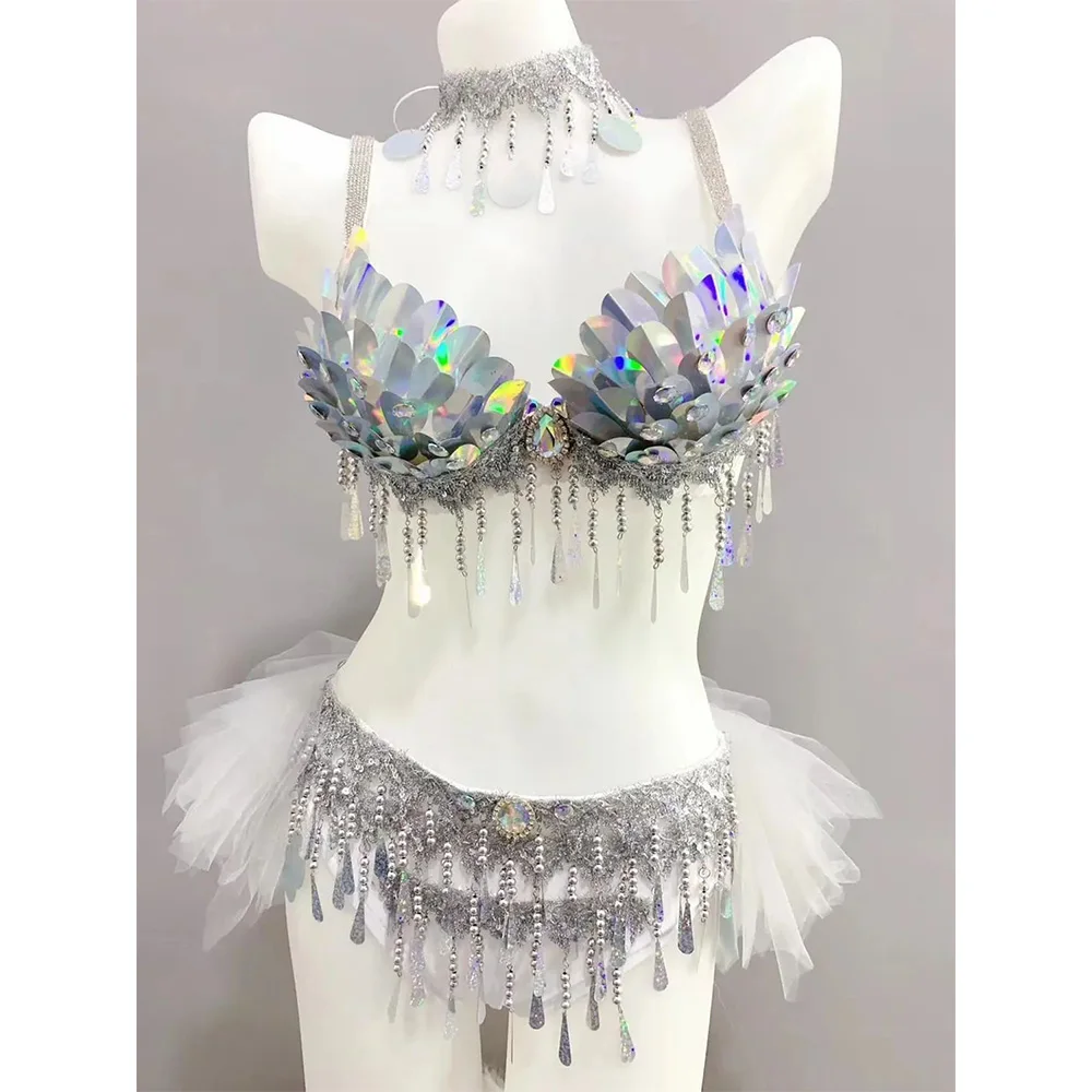 Belly Dance Set Dancer Competition Stage Performance Silver Scale Sequins Bikini Rave Outfit Nightclub Bar Party Costume