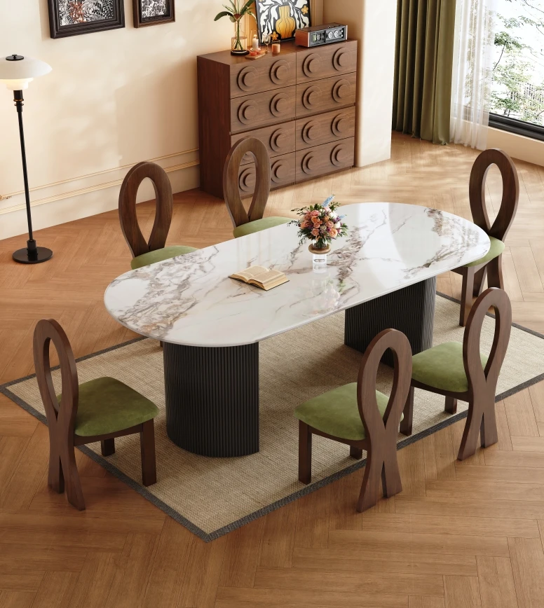 Light luxury sintered stone top wooden frame antique dining table set luxury dining room  furniture dining table and chairs