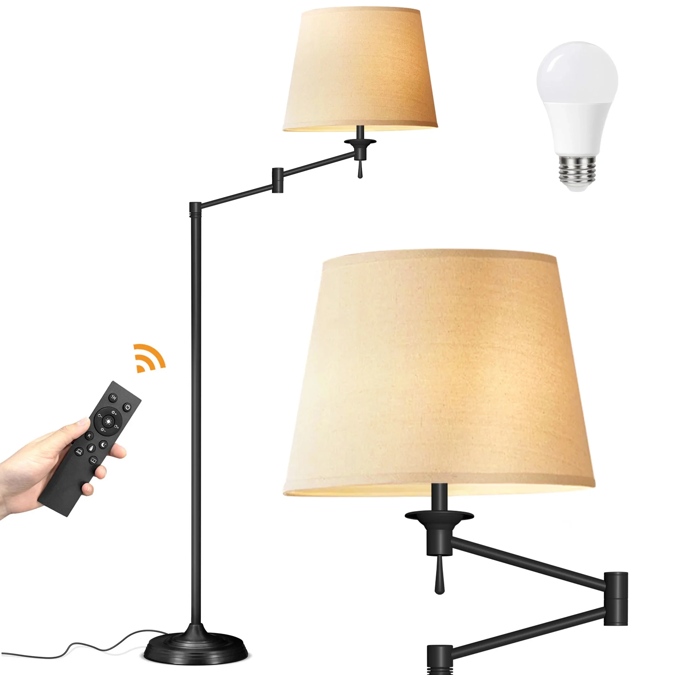 Standing Swing Arm Floor Lamp Rotating  Head Standing Lamp Fabric Lampshade Pull Switch Design Lighting Tall Pole Lamp Portable