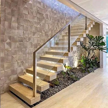 Floating steps stairs with glass railing