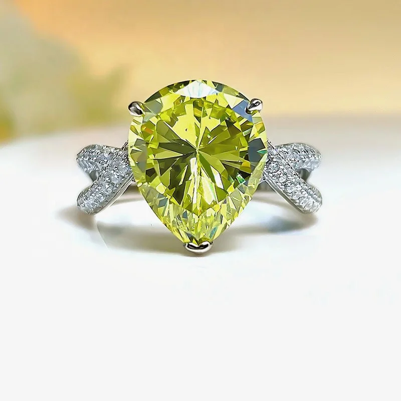 Silver Jewelry Ring Yellow peridot zircon Big CZ Princess Cut Sterling 925 Silver Engagement Ring for Women