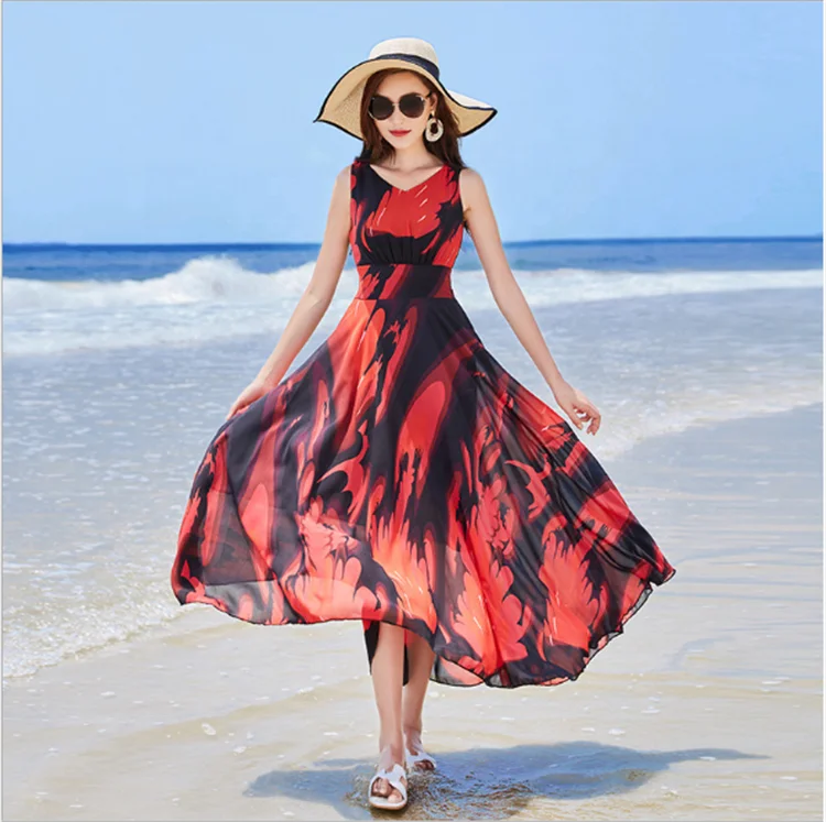 Long Printed Chiffon Dress Bohemian Maxi Skirt Dress Women Plus size Dress