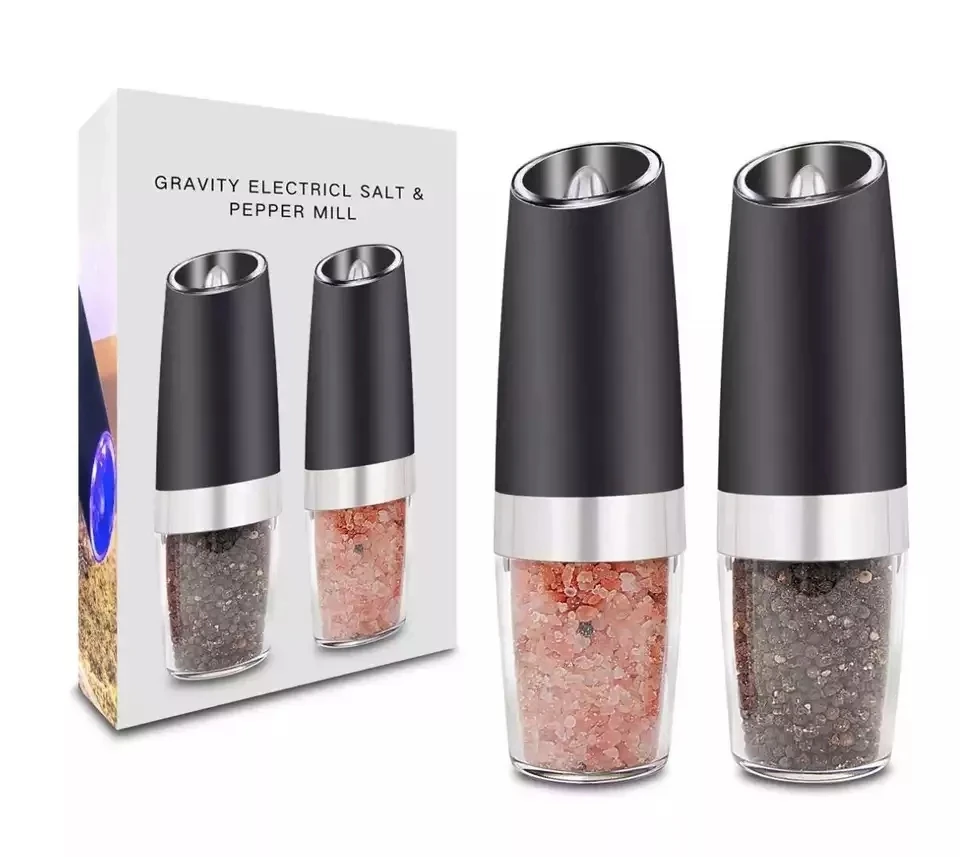 wholesale Price hot sale stainless steel black electric gravity salt and pepper grinder set with blue light