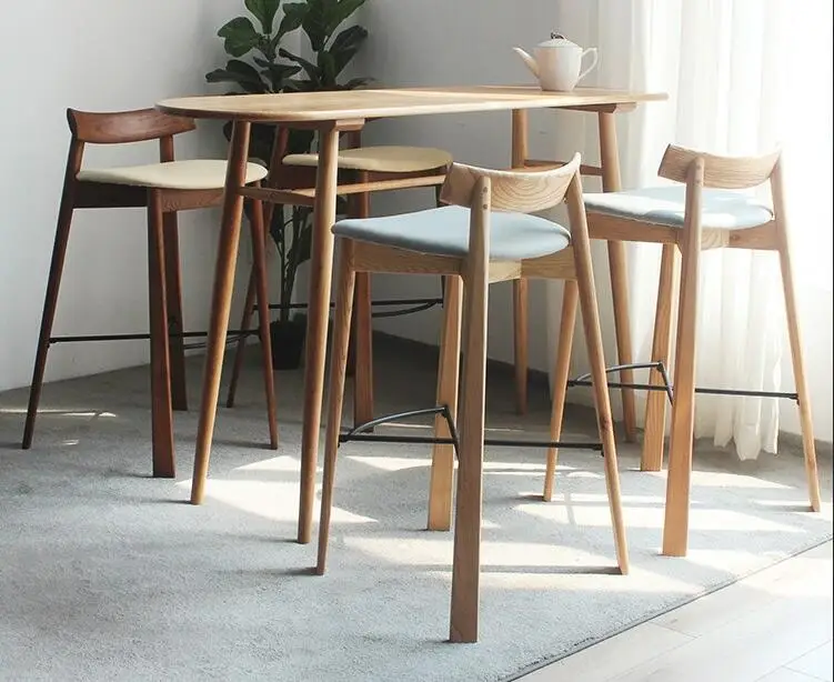 Stable Stationary wooden bar chair stool fixed carved back side chair Kitchen upholstered Cushion with wooden metal pedal