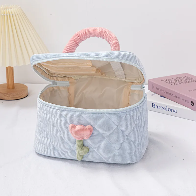 2024 Sim-party Handle Cute Pattern candy color Corduroy bag metal Zipper Cotton Makeup Cosmetic Bag For Girl