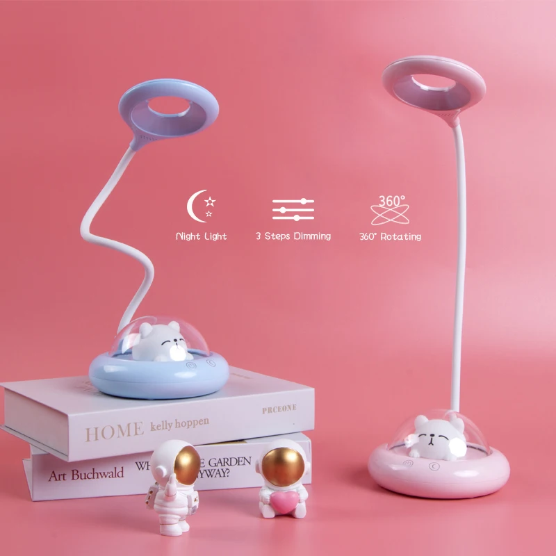 New Cute Cartoon Kitty LED Night Light Lamp UFO Style with Flexible Silicon Tube White Shade Touch Control Battery Powered