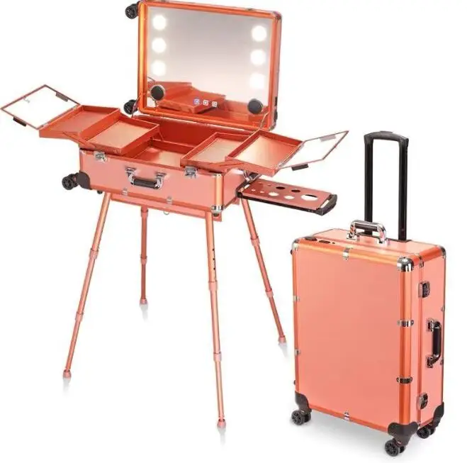 Aluminum 4 Wheels Professional Rolling Cosmetic Makeup Suitcase Train Case With Lighted Mirror LED Light
