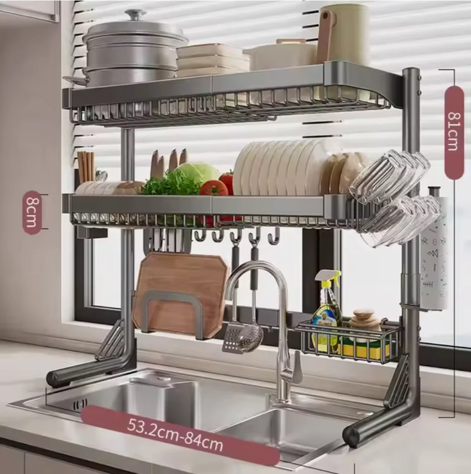 Adjustable 2 Tier Over 201/304 Stainless Steel Drainer Sink Rack Plate Storage Holder Shelf Organizer Drying Kitchen Dish Rack