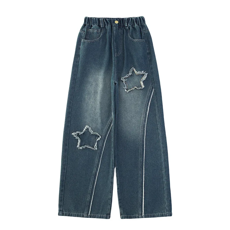 Джинсы для девочек весна-осень новые детские брюки в иностранном стиле звезды женские модные широкие