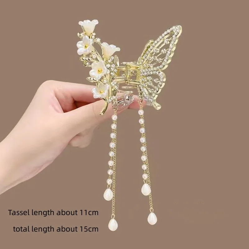Elegant Wispy hollow diamond Pearl flower butterfly fringe claw clip non-slip hair clip styling accessories for thick long hair