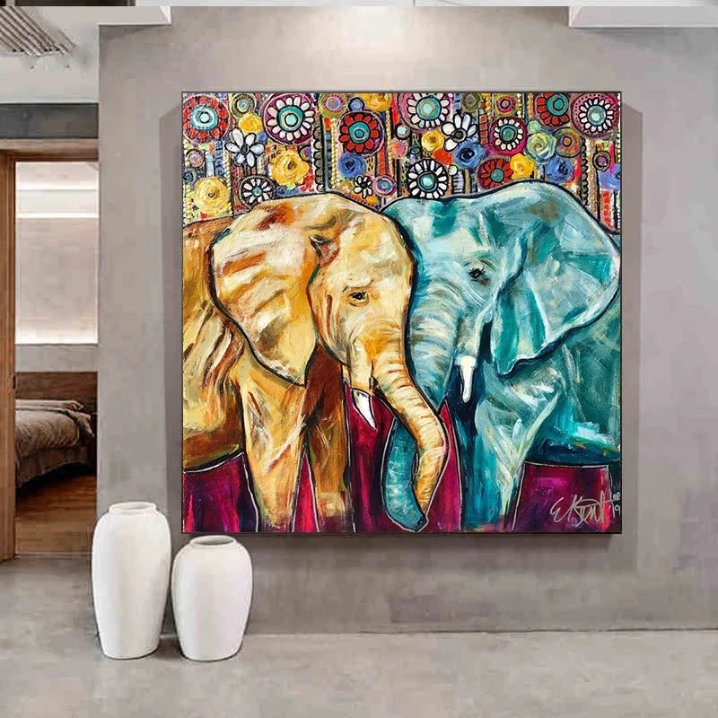 Two Elephants Lovers Flowers Art Canvas Painting Wall Art Posters and Prints Scandinavia Animal Picture for Room Home Decor