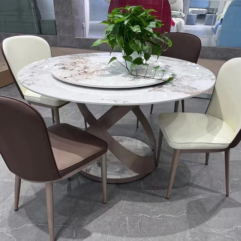 Modern design Italian carbon steel leg rock plate round table sintered marble table with 6 dining chairs