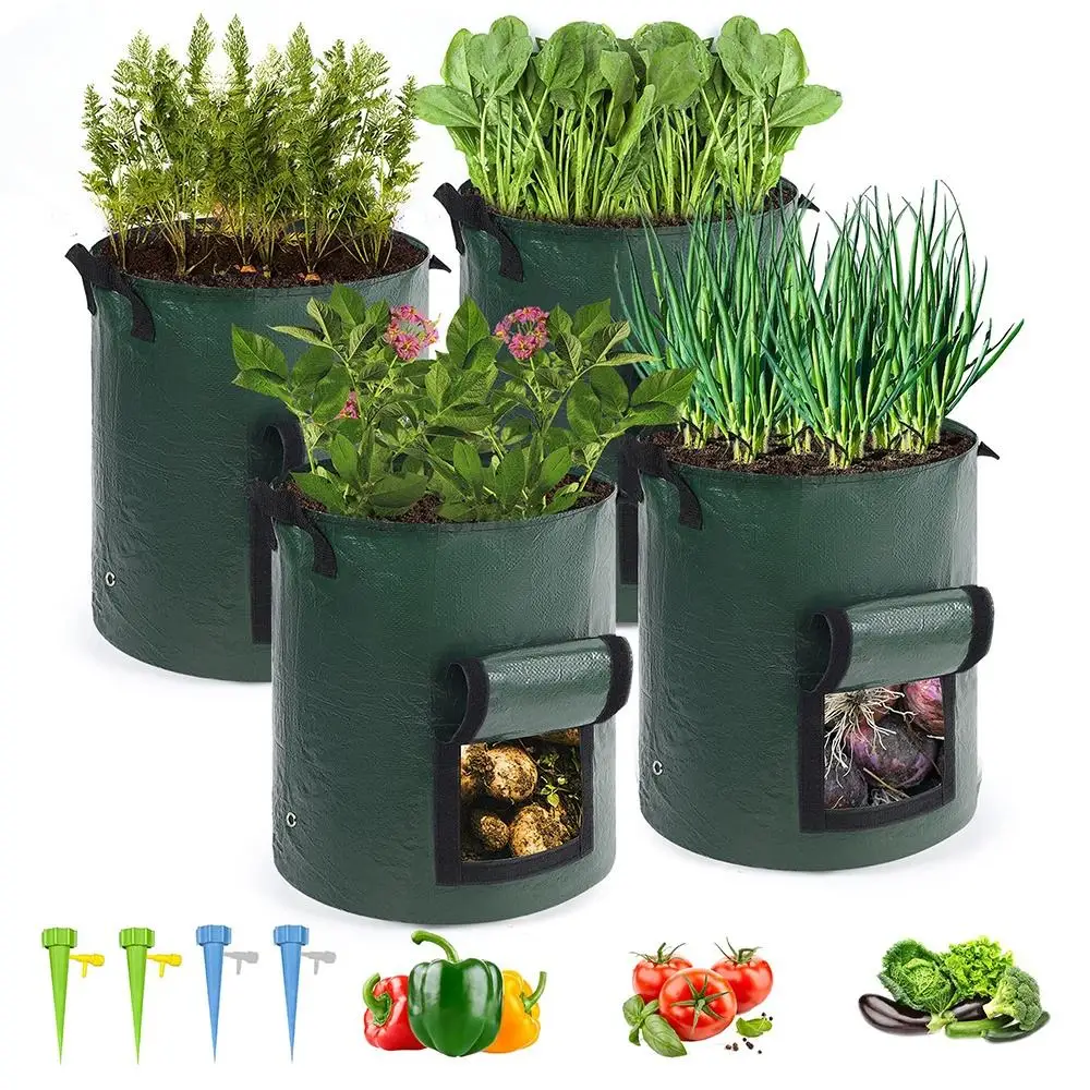 4 Pack 10 Gallon Garden Potato Grow Bags with Flap and Handles Aeration Fabric Pots Heavy Duty Vegetable Planter Bag for Tomato
