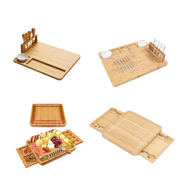 Wholesale custom logo rectangle square round premium cheap small bamboo meat cheese charcuterie board platter set with knives