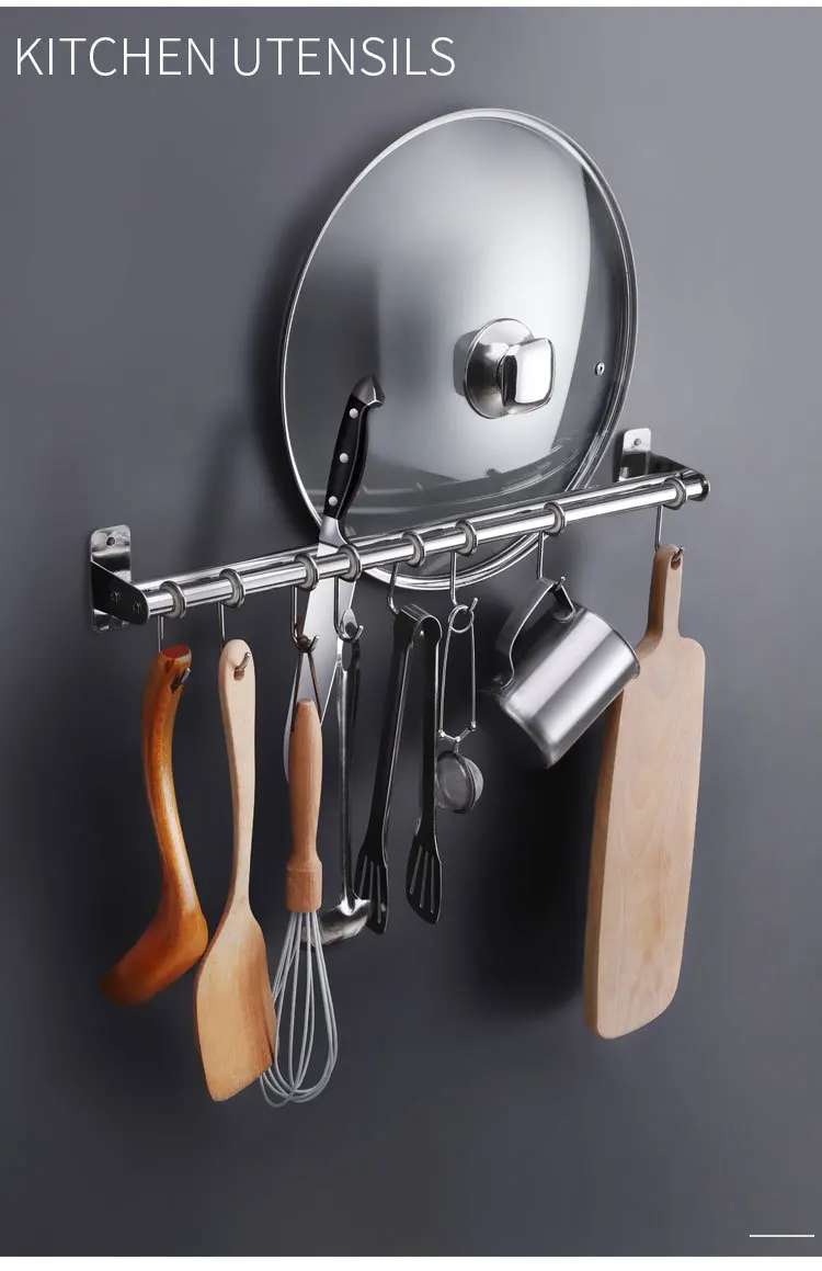 Kitchen accessories Stainless steel wall mounted kitchen rail with 8 hooks metal hook bathroom kitchen storage hook rack