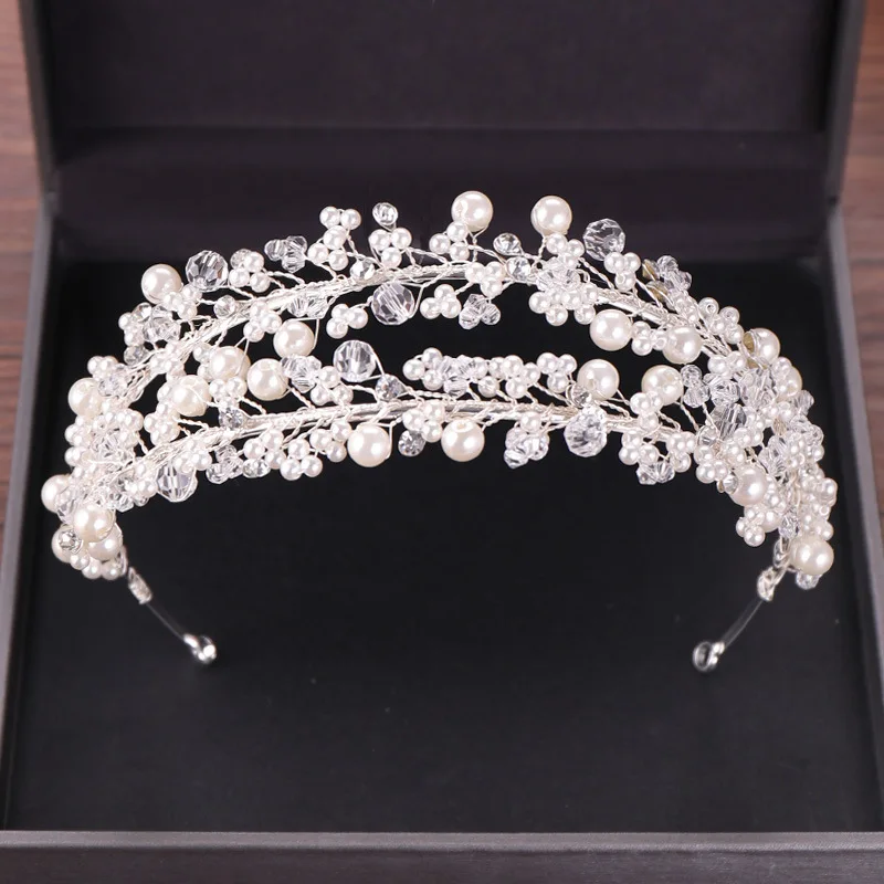 Factory Customized High Quality Pearl Princess Tiara Wedding Crystal Headband Bridal Hair Jewelry