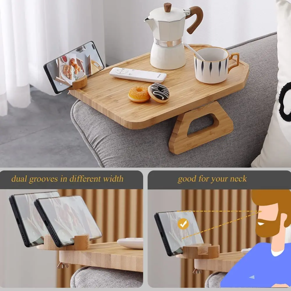 Foldable Couch Cup Holder For Couch Bamboo Couch Arm Tray with Rotating Phone Holder