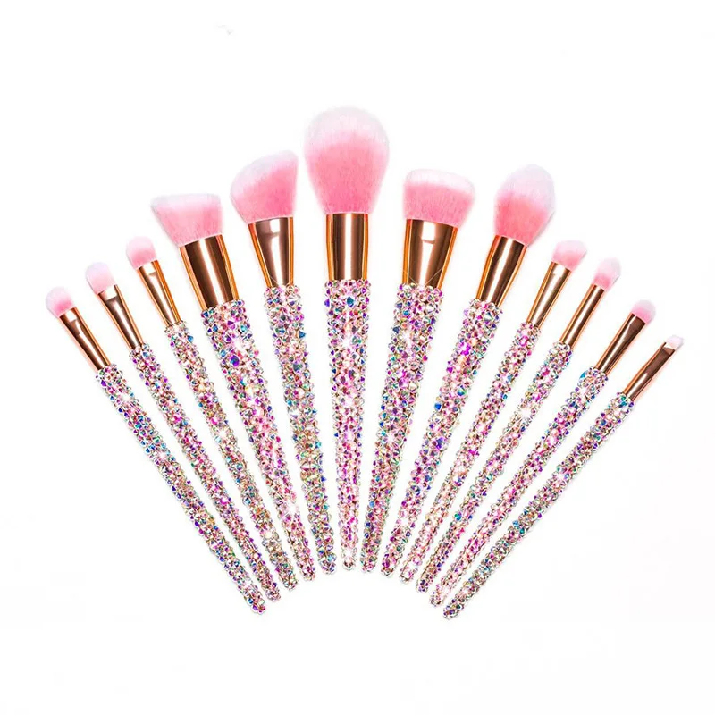 New Bling Rhinestone Makeup Brushes Premium Synthetic Foundation Powder Concealer Eyeshadow Contour 12 Pcs Makeup Brush Set