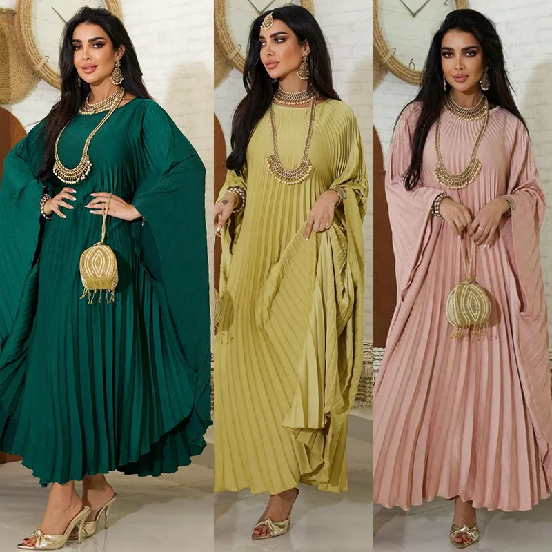 2024 Arab Dubai Muslim fashion street abaya pullover pleated robe big swing plus-size dress