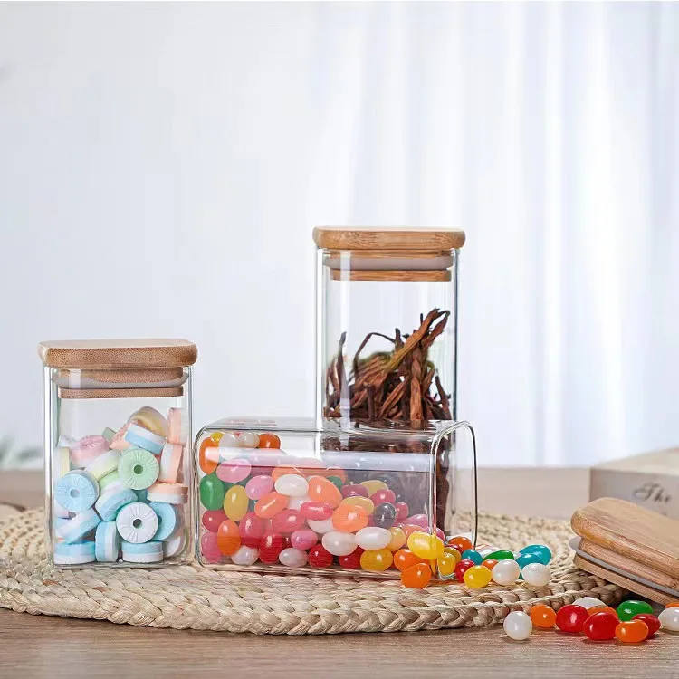 Kitchen Canisters Glass Food Storage Jars with Bamboo Wooden Lids For Sugar,Candy Containers
