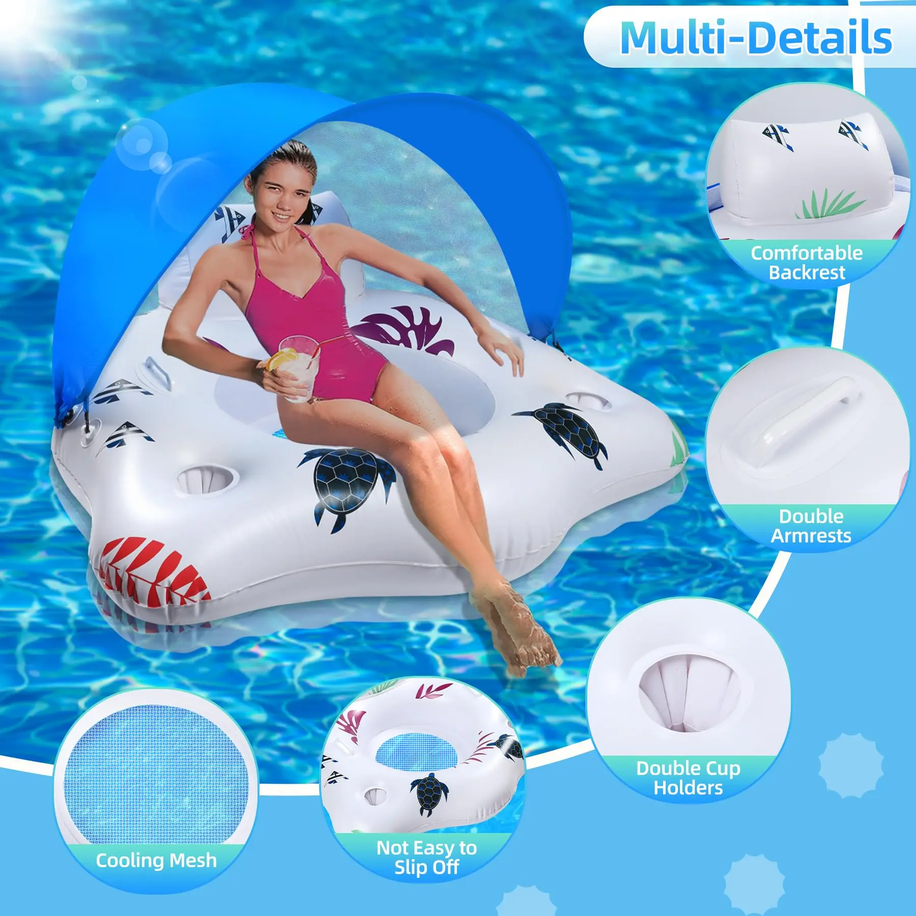Inflatable Pool Float with Canopy, Large Pool Float Chairs with Cup Holders & Armrest, Float Pool Lounge Water Floats for Adults