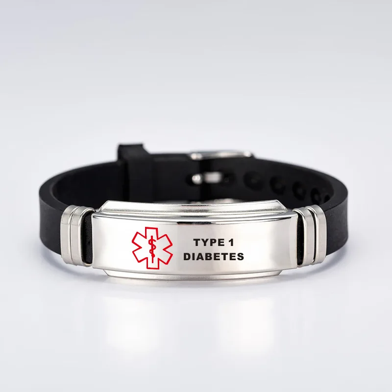 TYPE 1 Diabetic Silicone Bracelet Medical Alert QR code ID for Men and Women Adjustable Size Stainless Steel rubber wristband