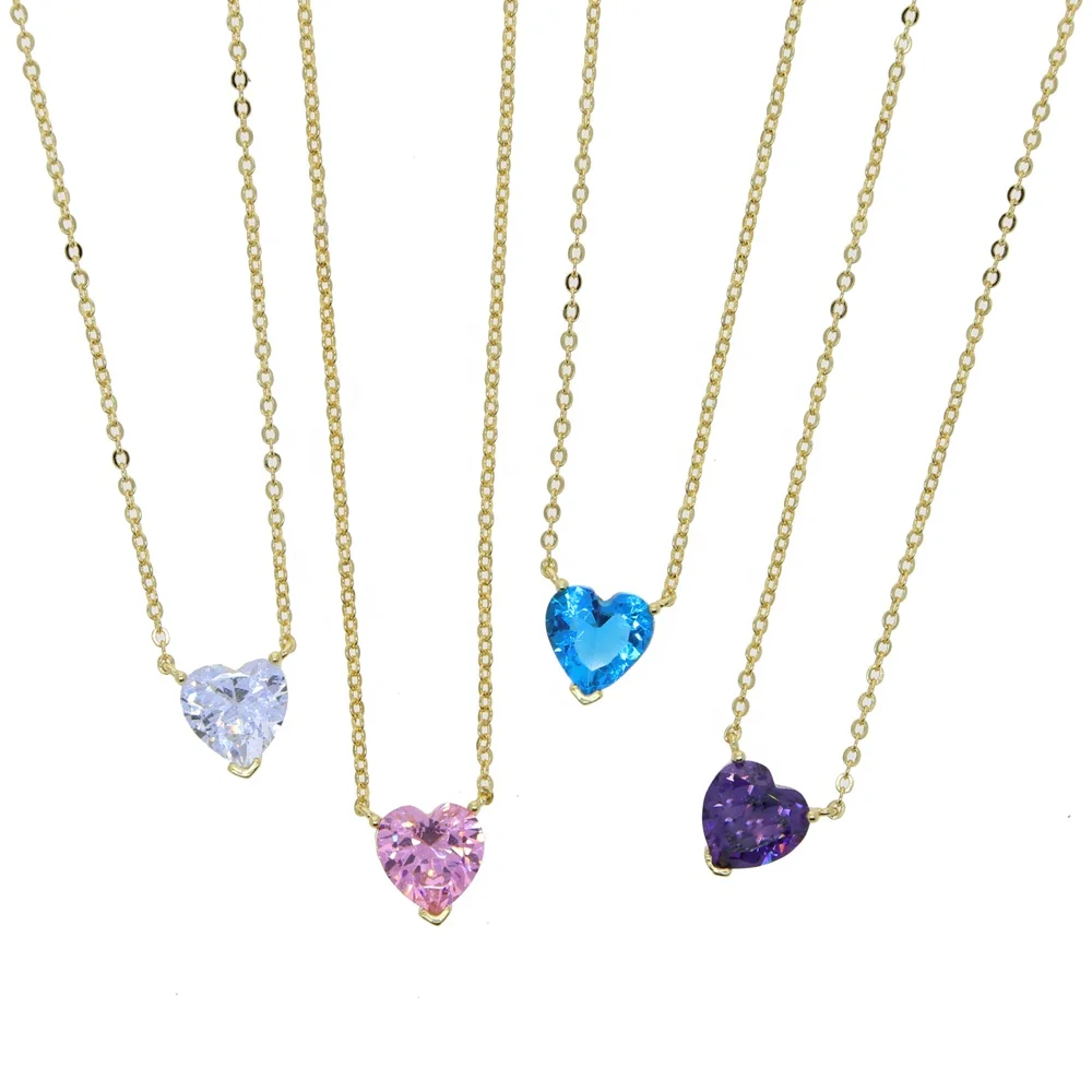 Gold Plated Big Heart Pendant 10mm white pink blue purple Zircon Rainbow cz Wedding Pendant Necklace for women Bridal jewelry