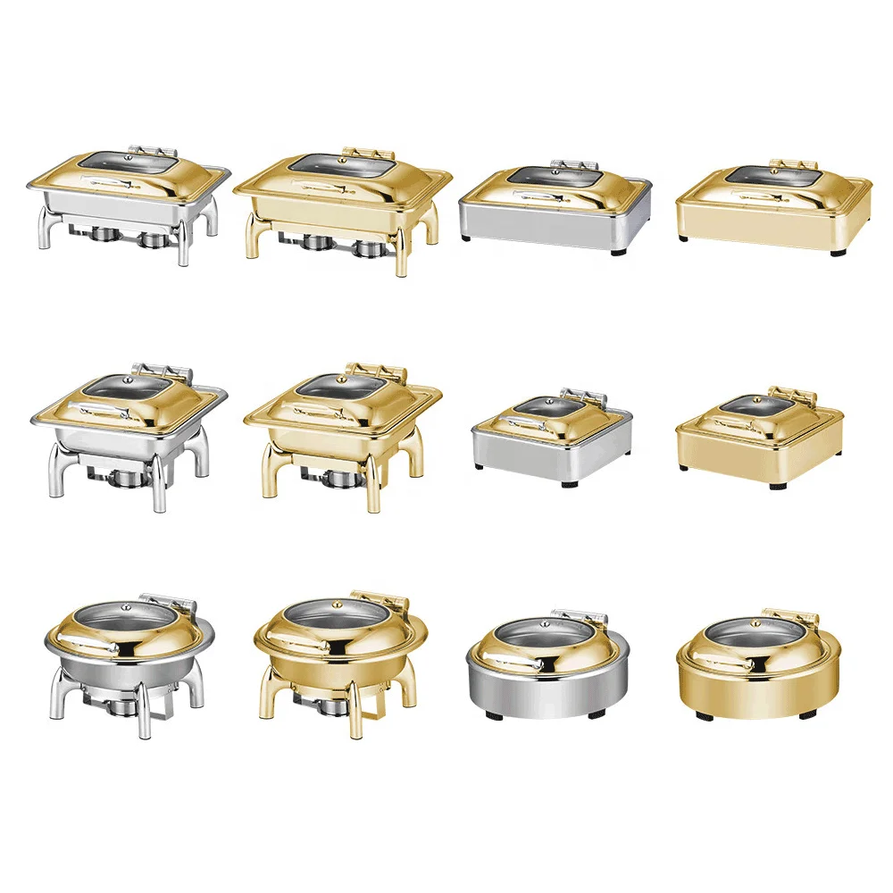 Food Buffet 9L 6L Display Round Rectangle Roll Top Chafing Dish Buffet Set Stainless Steel Gold Chafing Dishes For Catering