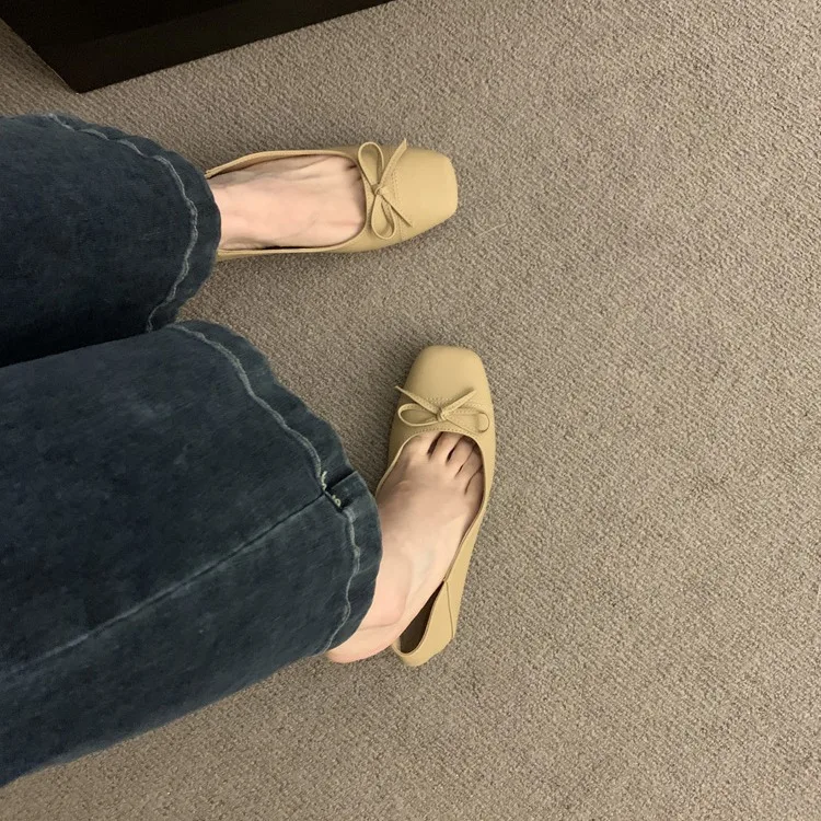 Chunky single 2024 spring and autumn new square head bow French ballet flat shoes for women