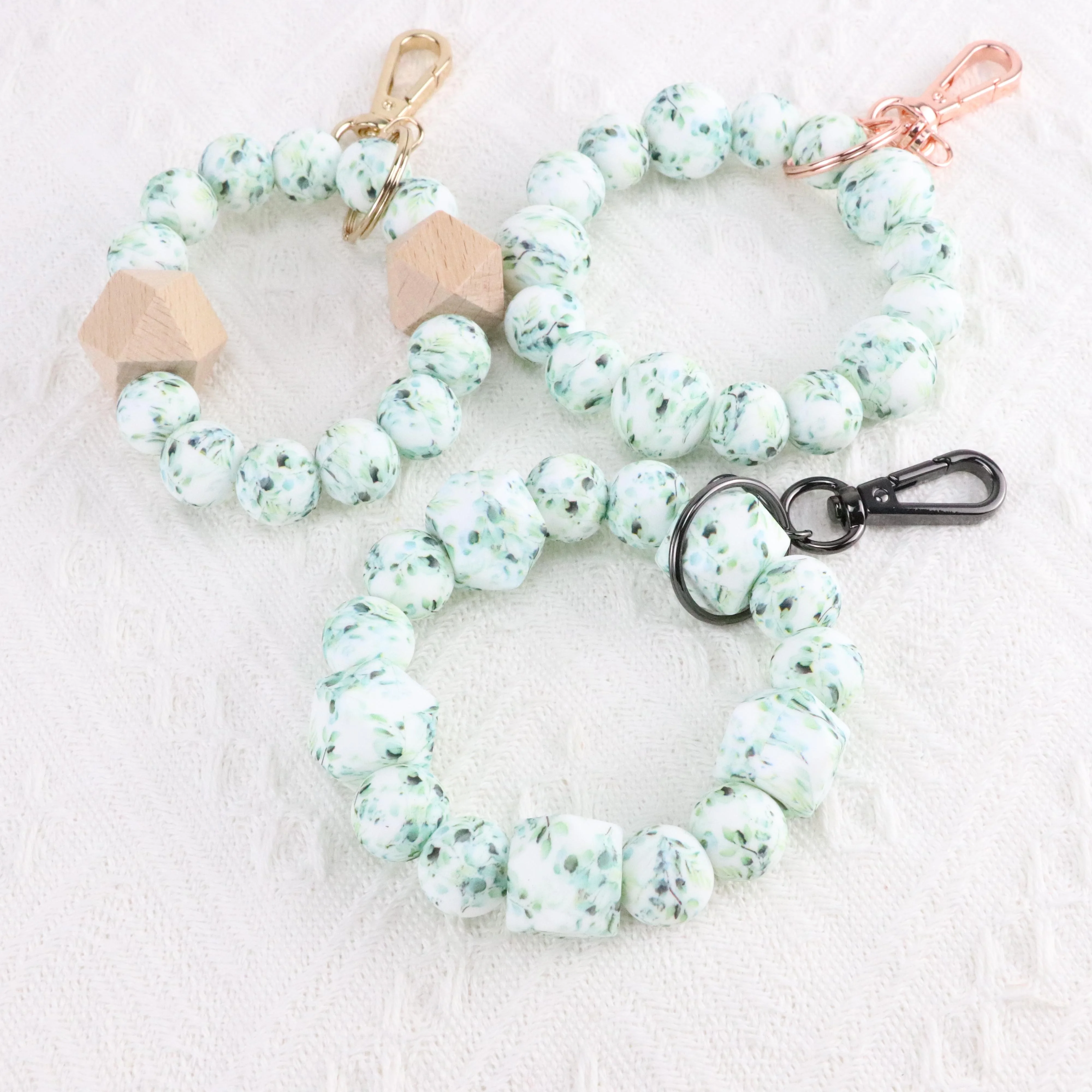 2023 Hot Sale Silicone Leaf Print Beaded Bracelet Key Chain Key Ring Bangle Key Chain