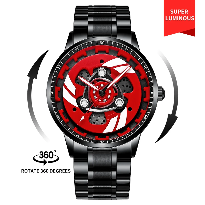 Drop Shipping Men Watches Quartz Wrist Racing Engine Rim Hub Steering Clock rs Chrono Car Wheel Spinning Watch