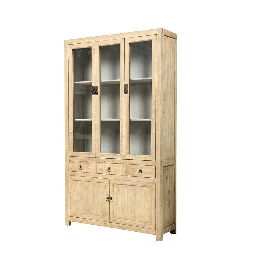 Chinese antique rustic farm house style oriental weathered wood vintage decor natural wall bookcase