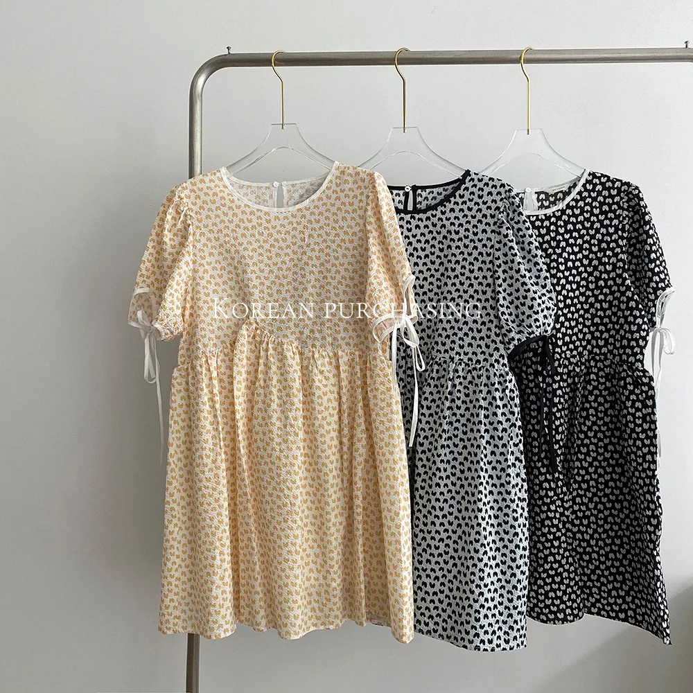 High End Designers Summer Cotton Casual Knee Length Loose Cute Printed Puff Sleeve Baby Doll Dresses For Women