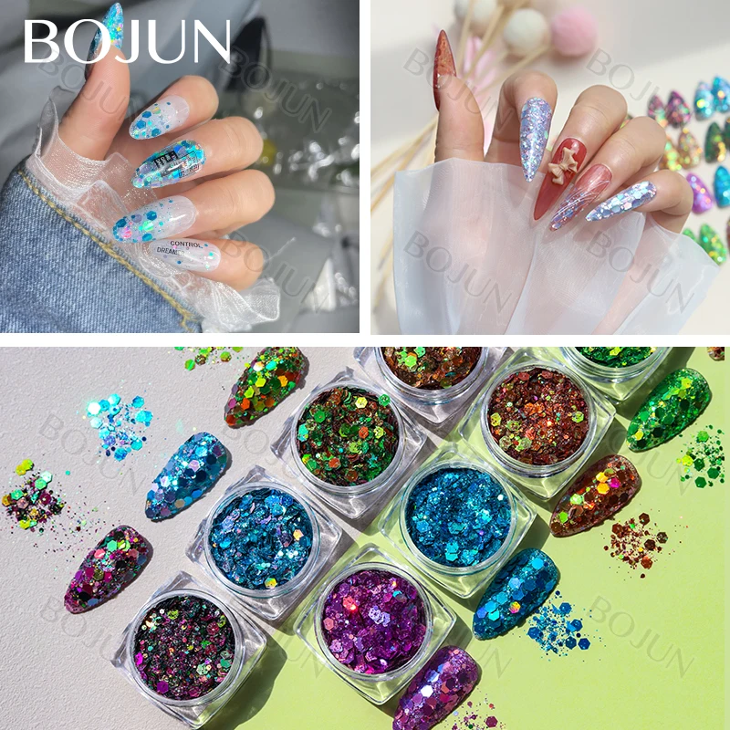 Big Discount nail glitter acrylic powder chunky hexagonal mixed glitter for nail art solvent resistance chameleon glitter
