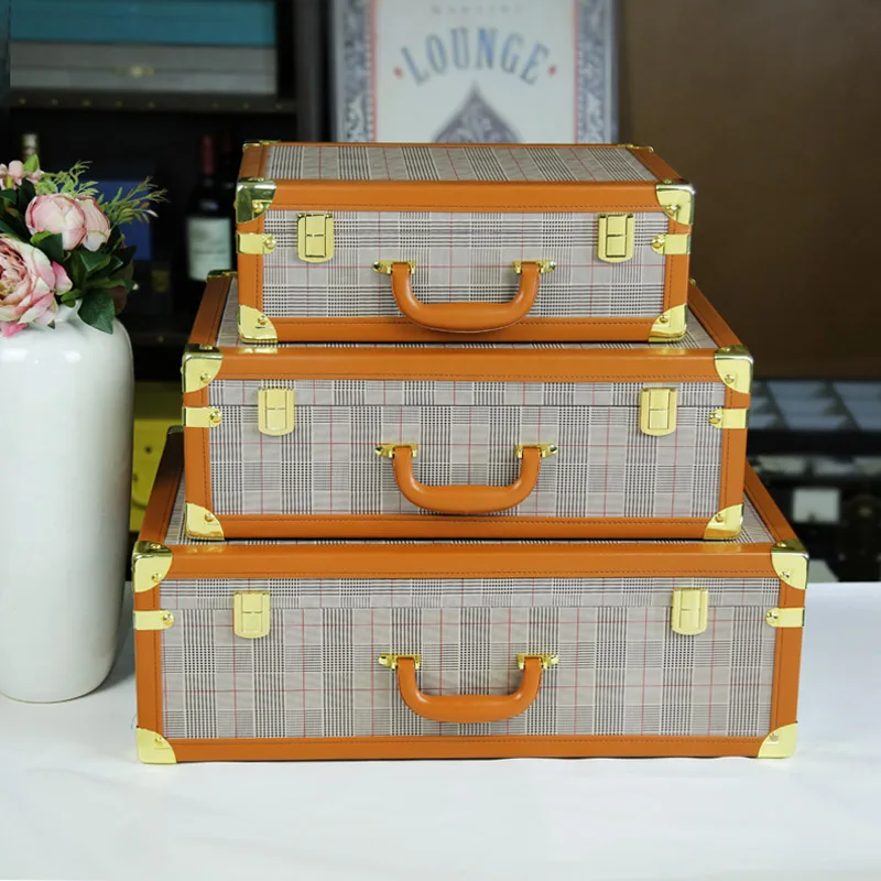 Decorative Wooden Storage Trunk Set of 3 Pu Suitcase Old-Fashioned Antique Luggage Box case with Handle