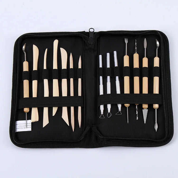 14pcs nylon bag pottery wooden clay sculpting tools