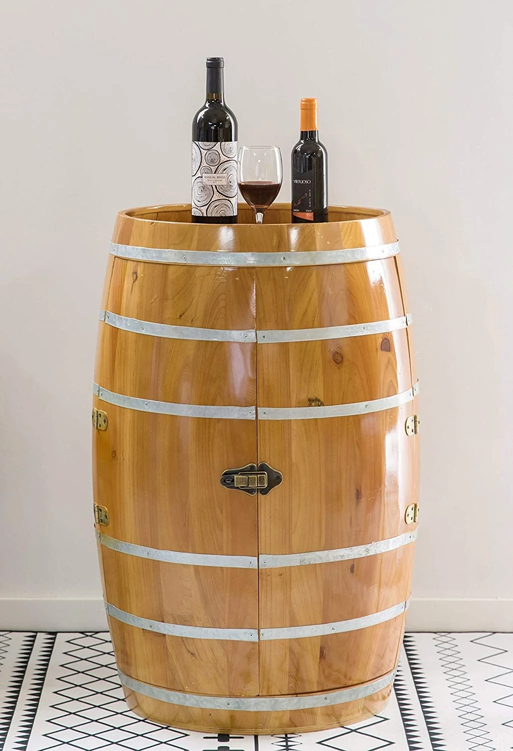 Wooden barrel-shaped wine rack, bar lockable locker, brown wine barrel