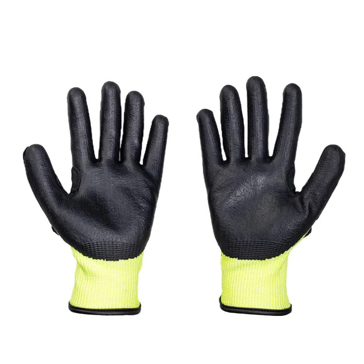 Fluorescent Yellow HPPE Anti-Impact Safety Gloves Coated Foam Nitrile Palm Thumb Crotch Reinforced TPR on Back and Fingers