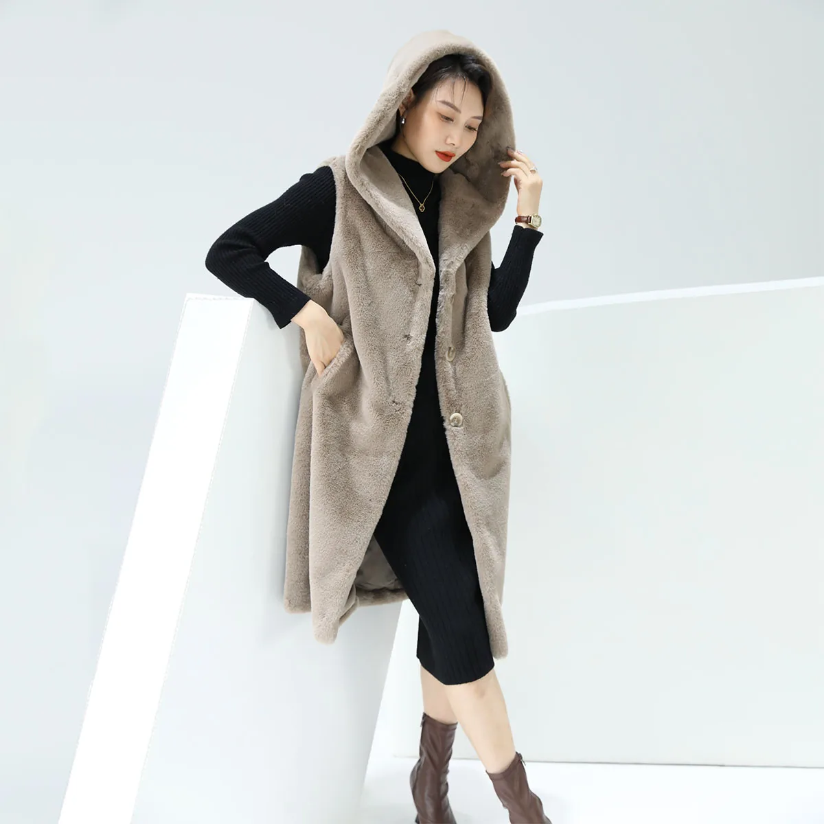 2022 fashion winter warm thick polyester khaki long faux rex rabbit fur women ladies sleeveless coats vest for hooded