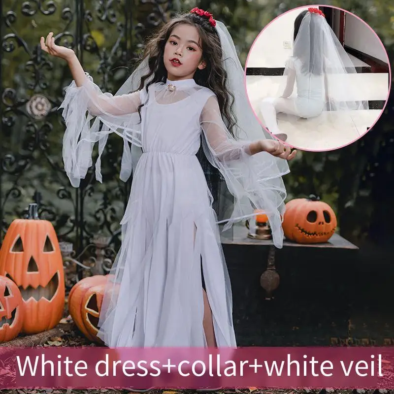 Halloween costume for kids Ghost Bride Costume Bride Zombie Dress Girls Black white Witch Costume Dark Devil GhostBride Dress