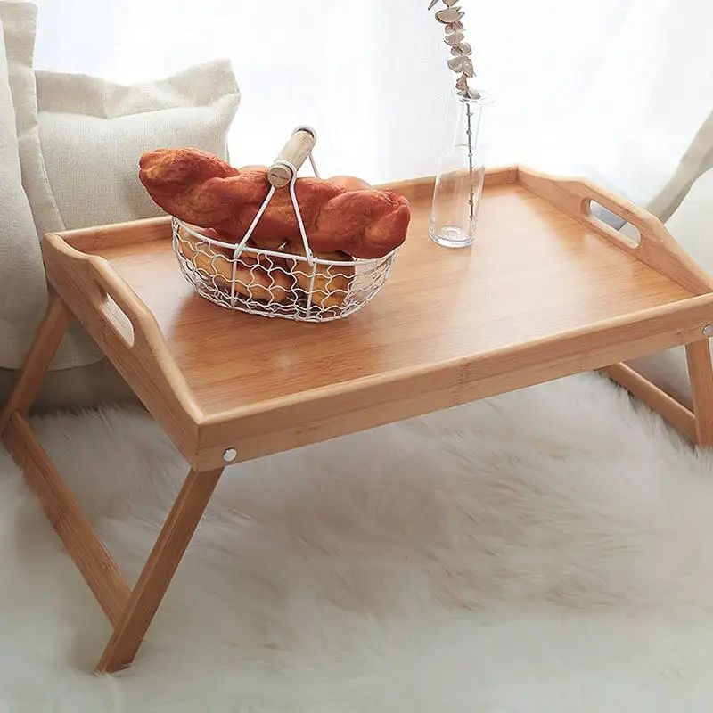 Wood Bed Serving Tray With Folding Legs for Breakfast Dinner Foldable Bamboo Bed Table Tray
