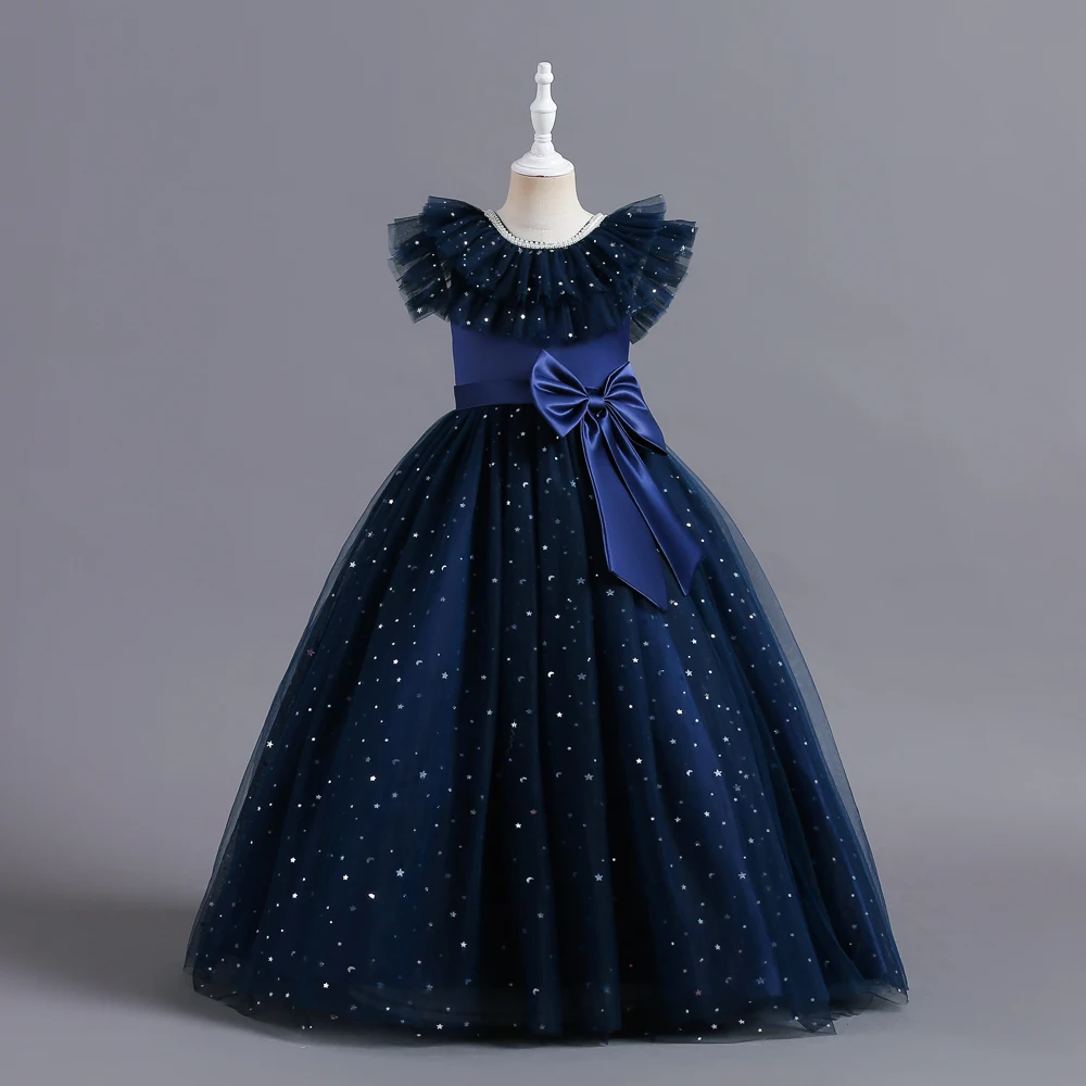 LS5505   Newest Children Long Frock Design High Quality Puffy Simple Kids Wedding Party Elegant Dress