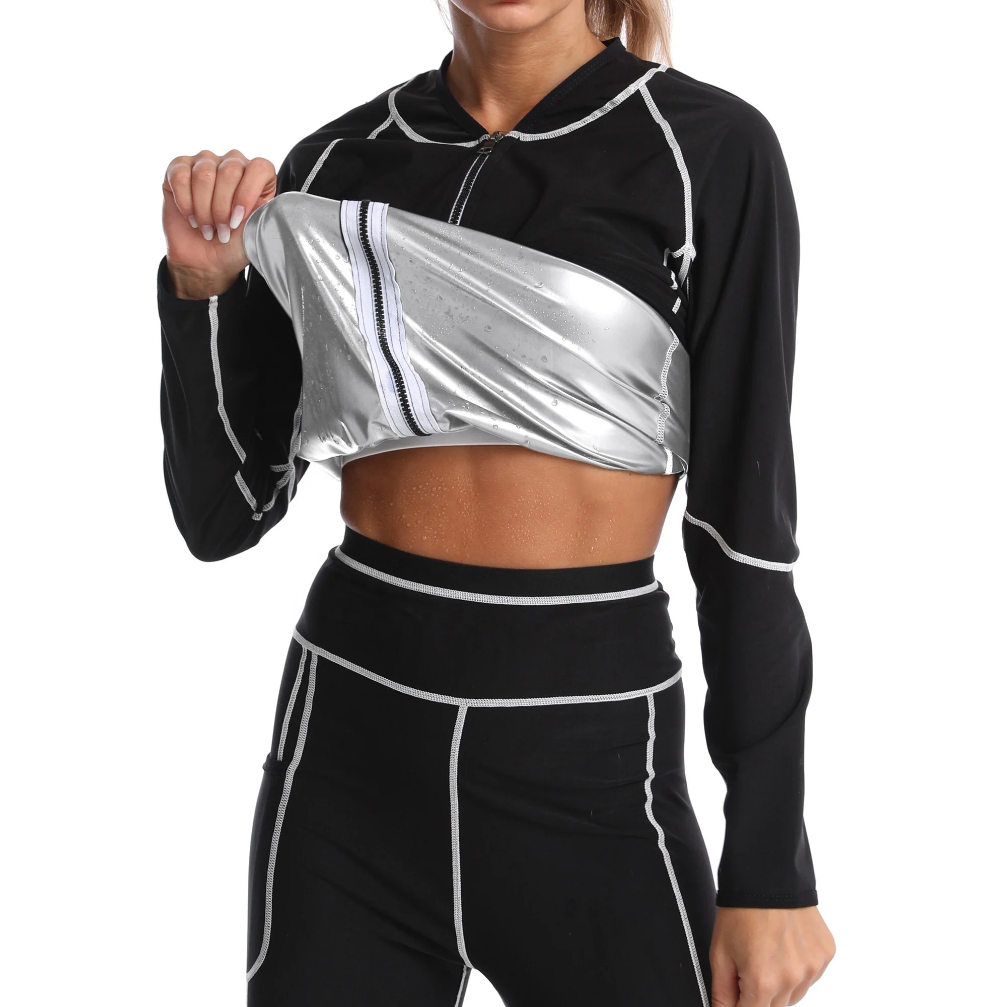 Custom Silver coated Women Full Front Zip Sweat Suit Body Shaper Slimming Sweat Suit Loss Weight Polymer Sauna Sweat Shaper Set