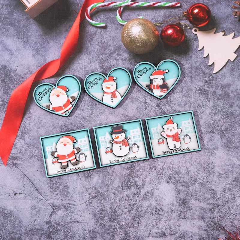 Wooden  Xmas laser cut wood craft shapes fridge magnet indoor Christmas decorations 3D Magnets