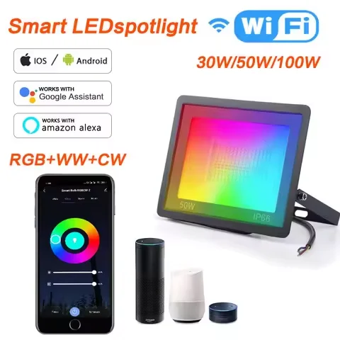 Умный прожектор Tuya RGB + W C Многоцветный IP66 водонепроницаемый умный свет уличный светодиодный WIFI синий 50w 100w