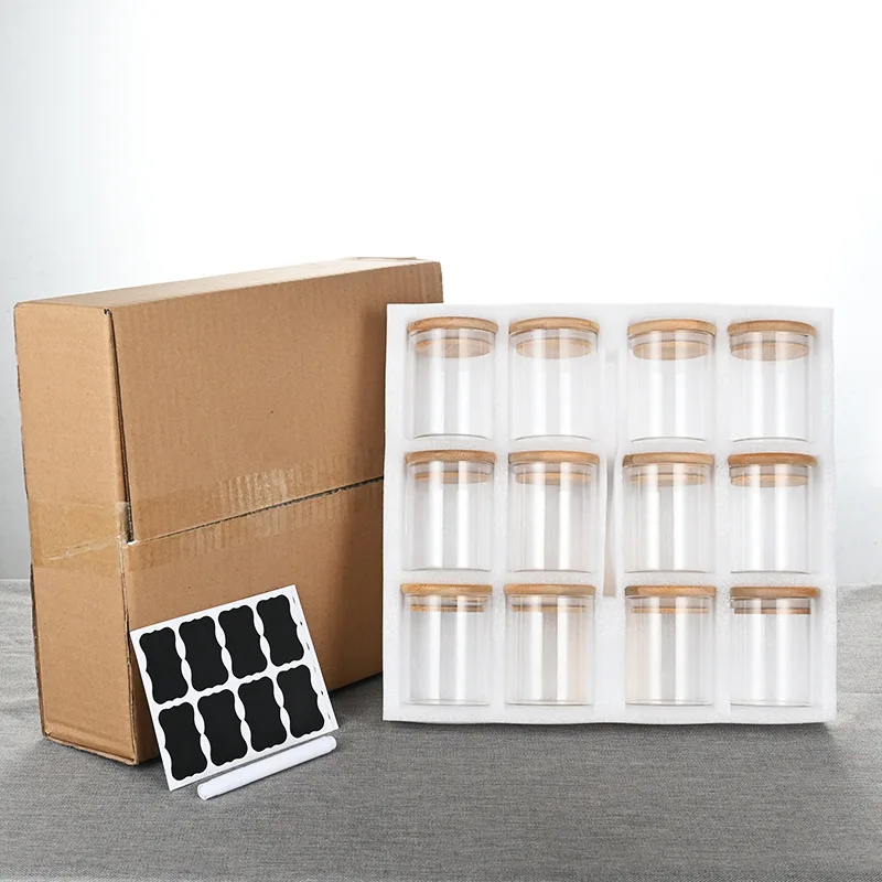 Kitchen storage 250ml 12pcs set Storage Bottles Clear Glass Jars Spice Storage Classic Container with Airtight Bamboo Lid