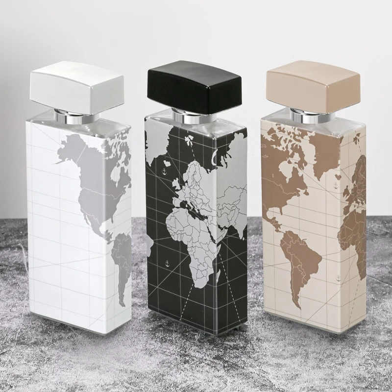 UV Printing World Map Aluminum Nameplate LOGO Luxury Empty Perfume Glass Bottles 100ml