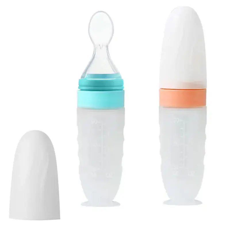 Safe and Easy to Use Food-Grade Silicone Rice Paste Bottle with Soft Silicone Animal Pattern Soft Spoon for Kids 0-12 Months